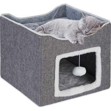 – Grotte pour 2 chats – Abri pliable avec surface à griffer – Dimensions H x L x P : 32 x 40 x 40 cm – Coussins moelleux inclus – Couleur grise (1/5)