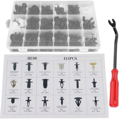 Kit universal de 415 piezas de fijación para automóviles: 18 tamaños diferentes para parachoques, molduras y paneles, con destornillador incluido. (1/5)