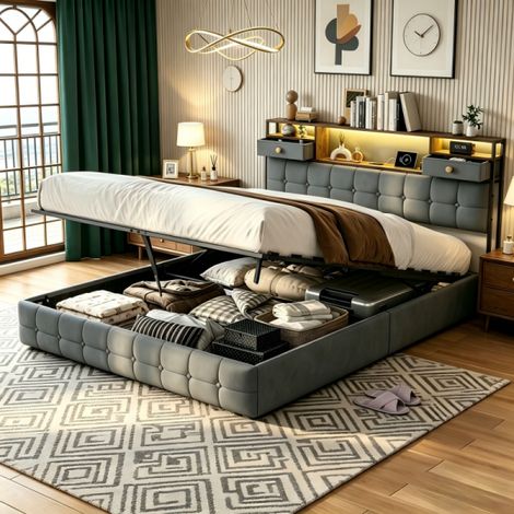 lit double 140x200 avec 2 tiroirs- Lit coffre-lit adulte avec rangement à vérin hydraulique-cadre de lit pour 2 personnes-lit rembourré-avec LED et USB-Gris-velours-Matelas non compris (1/5)