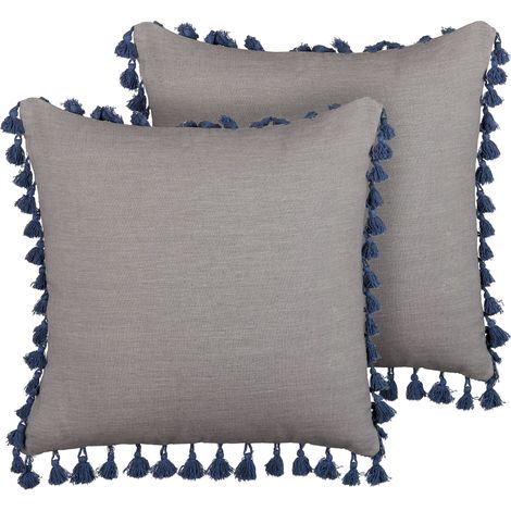 Conjunto de 2 cojines de lino gris azul 45 x 45 cm borlas cremallera Carpinus