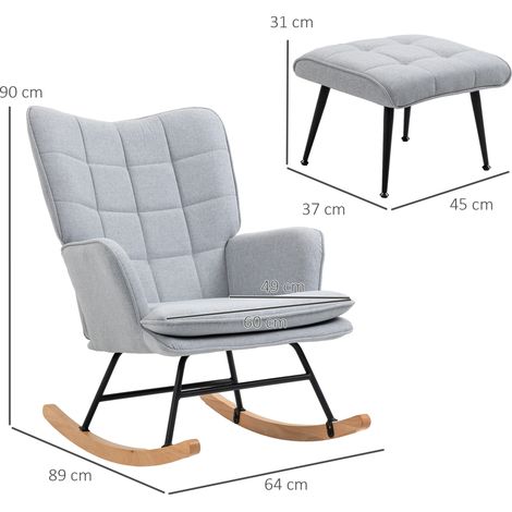 Schaukelstuhl mit Ottomane Skandidesign Schaukelstuhl mit Fußhocker, Buchenholz, Steppung, 64 cm x 89 cm x 90 cm Grau (1/5)