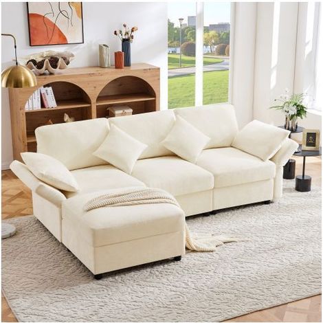 Canapé d'angle convertible réversible en tissu chenille beige – 3 à 4 places – Accoudoirs réglables – Pouf modulable – Dimensions 218 x 156 x 86 cm (1/5)