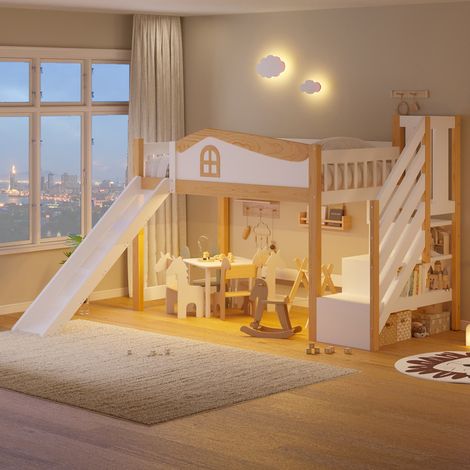 Lit Mezzanine 1 Place 90x200 cm – Lit enfant avec LED, toboggan, barrière de sécurité, Lit en Hauteur avec escalier de rangement (1/5)