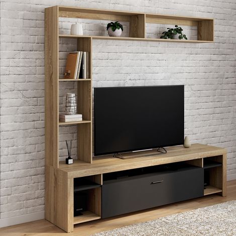 Mueble de TV y estantes 170 cm Conjunto de armario MALO de madera y negro