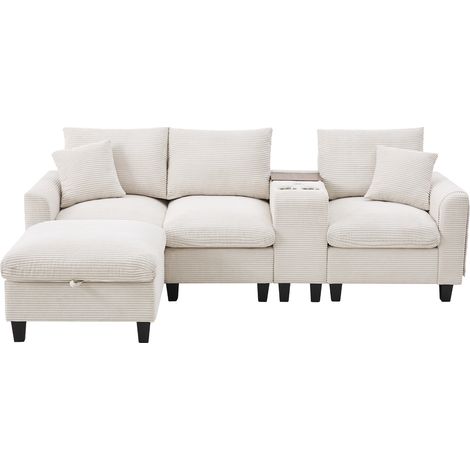 Sofá esquinero convertible CHICFURN 229x149,5 cm, tela acanalada beige, consola, compacto (1/5)
