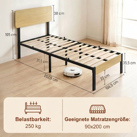 Cadre de lit 90x200, sommier à plateforme avec tête, lit une place avec tiroirs de rangement intégrés, structure bois, lit junior ou chambre adulte (1/5)