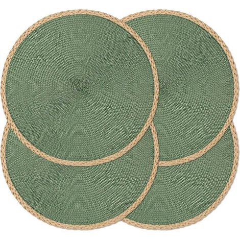 Lot de 4 Sets de Table Ronds tressés de 38,1 cm, lavables, résistants à la Chaleur, antidérapants pour intérieur (Bord Fin Vert, 4) (1/5)