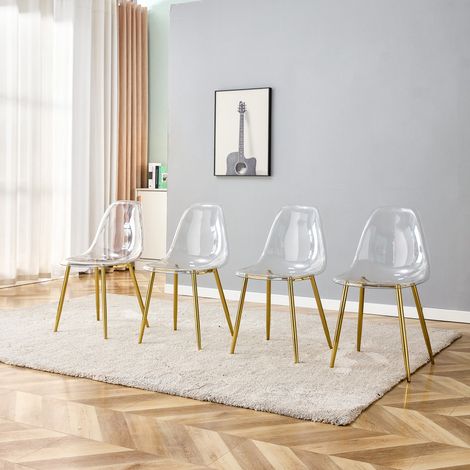 Lot 4 chaises plastique transparent pied métal doré antidérapant salle à manger bureau dim 44x45,7x83cm style minimaliste (1/5)