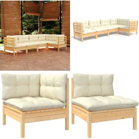 5-tlg. Garten-Lounge-Set mit Creme Kissen Kiefernholz - Garten Lounge Set - Kiefernholz Möbel - Outdoor Möbel - Loungemöbel - Gartengeräte - Home & Living