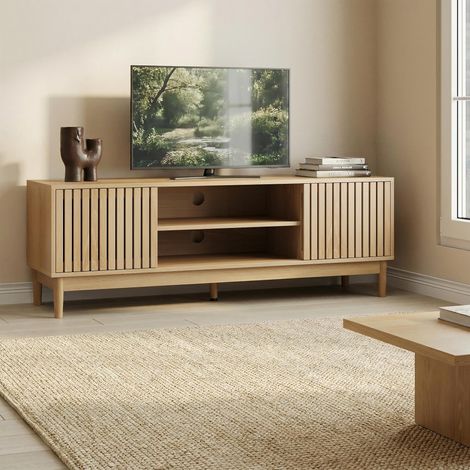 Moderner TV-Schrank 140 cm – TV-Lowboard in Eichenoptik für Fernseher bis 65 Zoll mit 2 Lamellen-Schiebetüren, mittlerem Regal und Kabeldurchlass für Wohnzimmer und Schlafzimmer