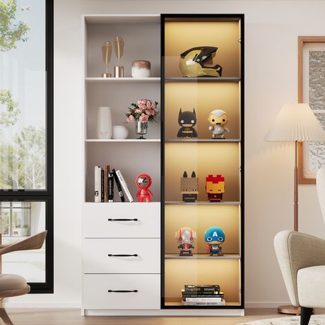 Vitrine Blanc en verre et métal, Avec Éclairage LED, 3 Niveaux, Étagères et 3 Tiroirs, 80 x 40 x 160cm - pour bureau, salon (1/5)