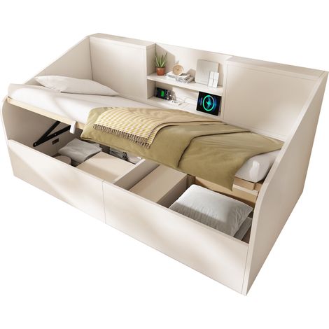 CHICFURN Lit banquette hydraulique 90x190 cm blanc en bois avec rangements, 2 niches, charge USB/Type-C, sommier inclus, idéal pour petit espace (1/5)