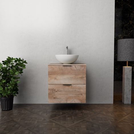 Inda - Badezimmerschrank B.60 mit Aufsatzwaschbecken / Natureiche 2 Schubladen - Topazio