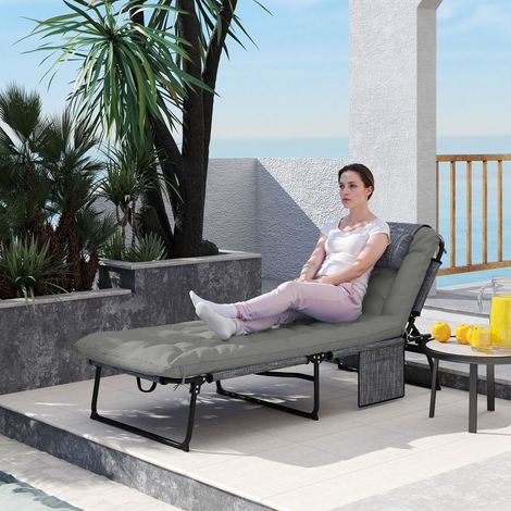 Chaise longue pliante inclinable jardin poche latérale noire grise - Dimensions: 68x189x30 cm