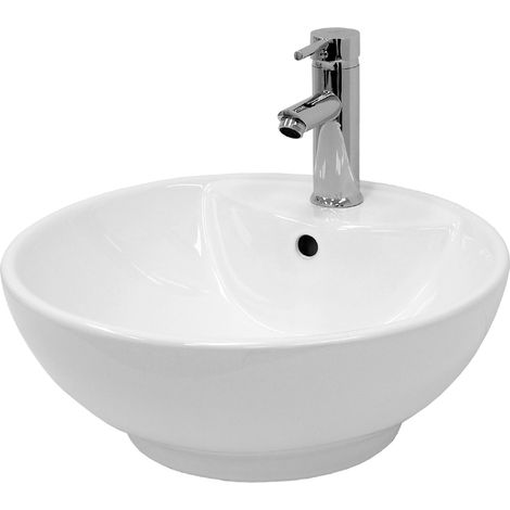 ECD Germany Lavabo de Baño 455x185mm Lavadero de Encimera Redondo de Cerámica Blanco Fregadero de Aseo Cascada Moderno y Elegante Sanitario Sobremesa Lavamanos con Juego de Drenaje con Desbordamiento