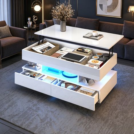 Tavolino da caffè con piano sollevabile 100x50x45 cm, tavolino laterale per divano con LED e vano contenitore, bianco lucido (1/5)