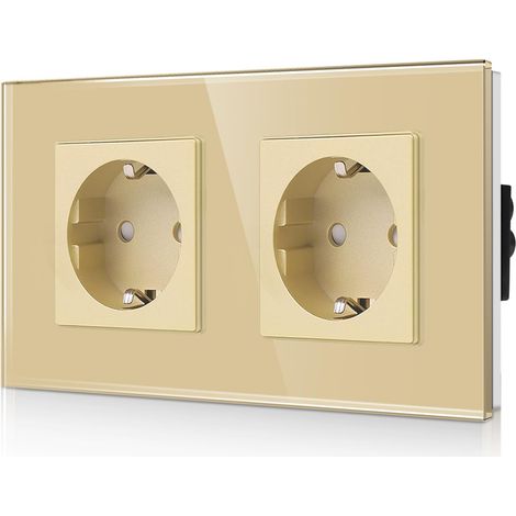 Prise murale double en verre, couleur dorée, prise Schuko double avec protection pour enfants, 16 ampères, prise murale avec contact de sécurité et cadre en verre (1/5)