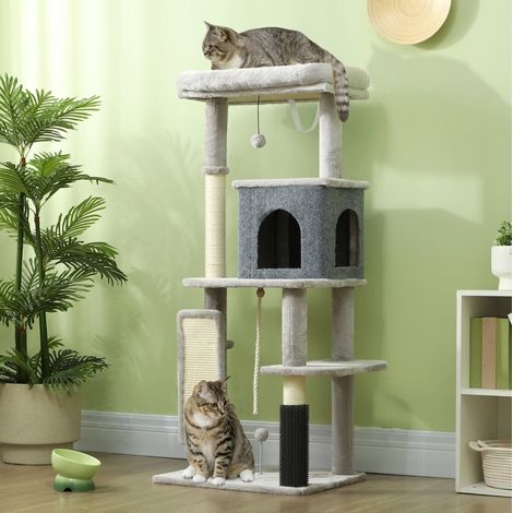Árbol para gatos de sisal y poliéster gris claro, varios niveles para rascar, descansar y jugar, 55 x 44 x 132 cm (1/5)
