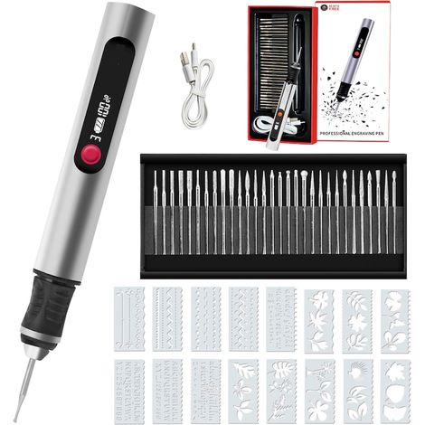 Machine de gravure et de sculpture multifonctionnelle, 3 vitesses, 30 embouts, 16 pochoirs, gravure sur métal, verre, pierre, bois, rechargeable USB-C, argent (1/5)