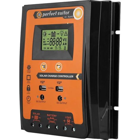 MPTT 12V/24V Solarladeregler, Dual-USB-Solarpanel-Batterieregler, LCD-Display, 70A Panelstromregler, Schwarz/Orange (1/5)