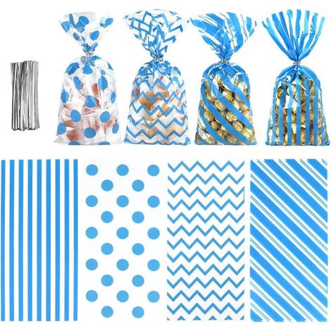 110 sachets en cellophane - Sachets à bonbons - Sachets à friandises - Sachets cadeaux - Bleu - 27,4 x 12,7 cm - Motifs à pois et rayures - Fermetures à nouer incluses - Articles de fête pour annivers (1/5)