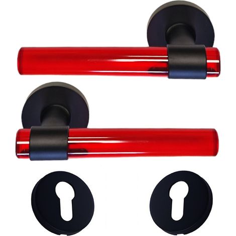 Tiradores de puerta de cristal de plexiglás ROJO «JOY» sobre patas de acero inoxidable negro.  +1 Par de rosas cilíndricas