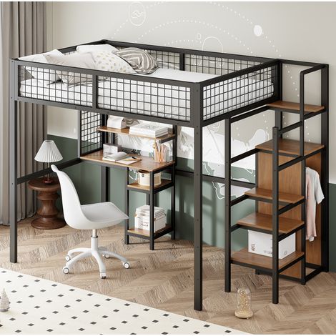 Letto a soppalco con scrivania, letto a soppalco per adolescenti, letto a soppalco 140x200 cm con armadio, struttura letto in metallo, nero (1/5)