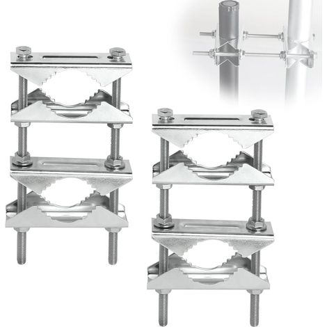 Lot de 2 Pinces à mât double antenne Fixation mât antenne exterieur Acier galvanisé Support de mâchoire en V pour 25-50 mm diamètre TV, CB, antenne
