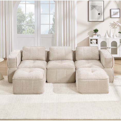 Sofá modular en U de 3 plazas con 2 taburetes, sin montaje, 271 x 162 x 67 cm, beige DESVIAE (1/5)