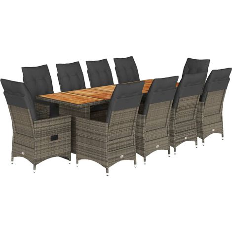 Set de mesa y sillas de jardín 11 pzas y cojines ratán PE gris vidaXL (1/5)
