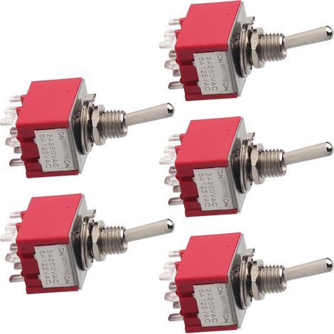 Packung mit 5 ONON 2-Positionen-3PDT-Kippschaltern, 9 Pins, 6 mm², 2 A/250 V AC, 5 A/125 V AC (1/5)