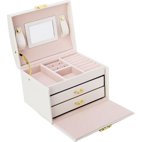 Boîte de rangement pour bijoux à 3 niveaux en cuir PU avec miroir (blanc) (1/5)