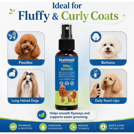 KineShineX Pet Smoothing Spray, geeignet für Katzen und Hunde, glättet und entwirrt das Fell, macht es flauschig und glänzend, kein Ausspülen erforderlich, und hat einen angenehmen Duft. (1/4)