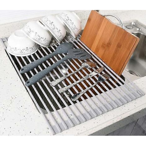 Égouttoir à vaisselle (enroulable) en acier inoxydable, égouttoir d'évier pliable, égouttoir à baguettes et à vaisselle, égouttoirs pratiques pour le lavage et l'égouttage de la vaisselle (1/4)