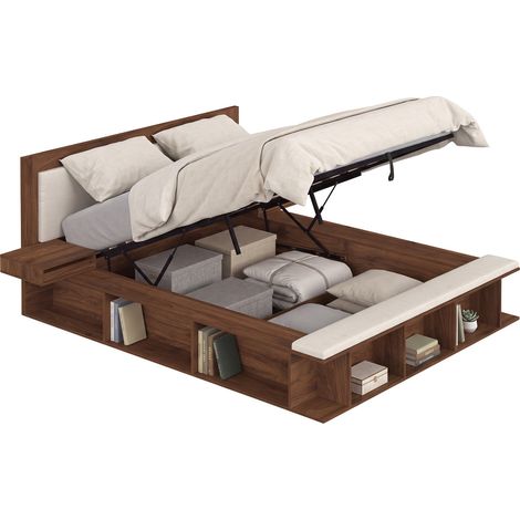 KIRO-Doppelbett mit Stauraum, gepolstertem Kopfteil, Nachttischen und Lattenrost, 140 x 190 cm, in Nussbaum-Optik und mit beigem (1/5)