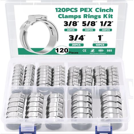 Assortiment de bagues de sertissage Pex 120PCS,Pinces Pex en acier inoxydable 304 3/8", 1/2", 3/4", 5/8", 1" Pinces de tuyau d'oreille unique,Pinces Pex Cinch pour tuyaux de tuyaux de raccords Pex