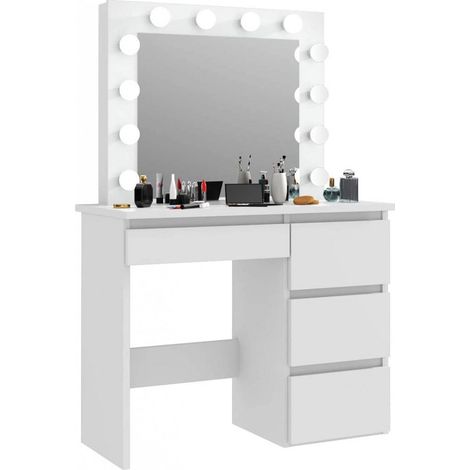 Pegane – Coiffeuse enfant avec 4 tiroirs et miroir LED – Dimensions H75 x L94 x P43 cm – Coloris blanc – Meuble moderne pour chambre (1/5)