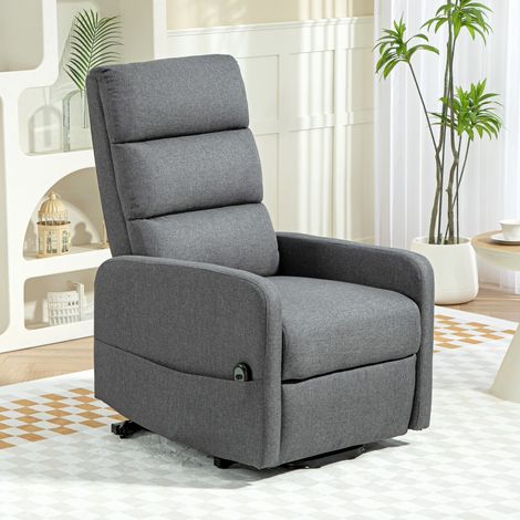 Poltrona reclinabile elettrica con sollevamento assistito, telecomando, imbottitura in morbida schiuma, tasca laterale, rivestimento effetto lino, grigia (1/5)