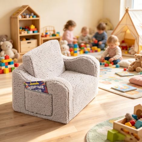Canapé enfant 2 en 1 convertible en mousse avec revêtement doux en sherpa, fauteuil de jeu confortable, gris