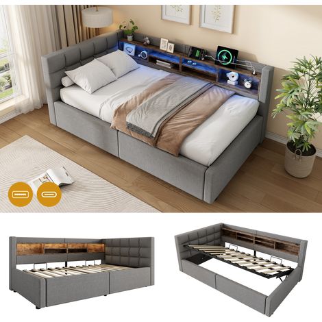 VVBV Lit banquette convertible 90 x 200 cm, éclairage LED, ports USB, coffre relevable, rangements intégrés, gris