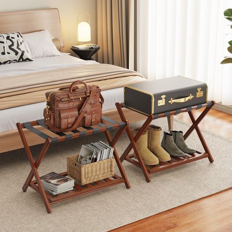 Lot de 2 porte-bagages en bambou pour chambre d'amis, 68 cm, pliant, large, avec étagère de rangement, support de bagages épaissi pour chambre à coucher, hôtel, porte-bagages pour valises (1/5)