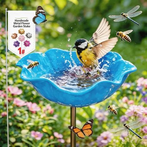 ®RisingFF Deux bains d'oiseaux et abreuvoirs à insectes en métal à motifs floraux, adaptés aux jardins et terrasses, 860cm,bleu. (1/5)