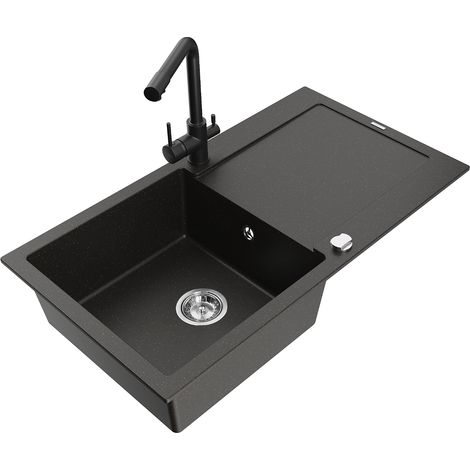 Mexen Leo lavello in granito a una vasca con gocciolatoio e rubinetto da cucina Duero, nero/oro metallizzato - 6501-75-671600-70 (1/5)