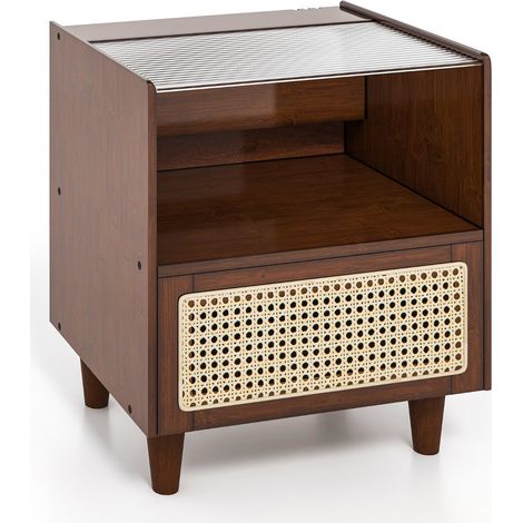 Table de Chevet avec Tiroir Table d'Appoint en Bambou avec Plateau en VerrePieds en Bois Massif 43 x 35 x 50 cm Brun CW5029 Maison Chic (1/3)