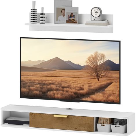 Ensemble meuble TV suspendu avec étagère murale meuble télé bois mural passe-câbles 120 x 24 x 16 cm blanc