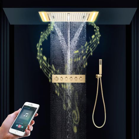 Sistema de Ducha Música Empotrada Oro, Columna Ducha Termostática con LED RGB 64 Colores, con Ducha de Mano, el 5 Modos Cabezal de Ducha De 638 X 338 mm, Latón y Acero Inoxidable (1/5)
