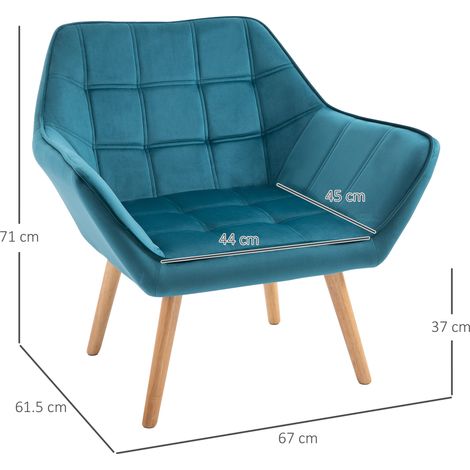 Fauteuil de chambre de style scandinave, en velours et bois, bleu pétrole, pour salon ou bureau, 67 x 61,5 x 71 cm (1/5)