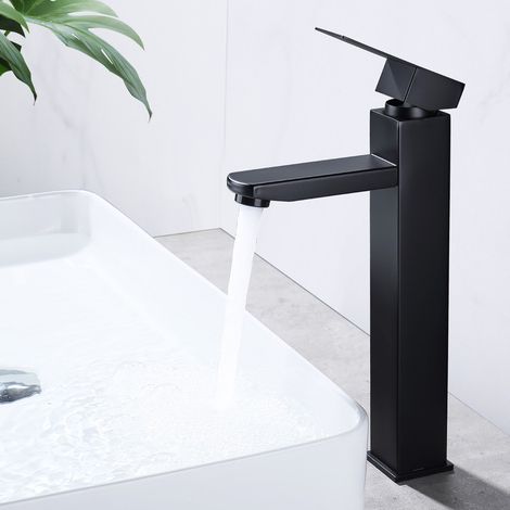 Mitigeur Salle de Bain Noir avec Bec Haut Robinet de Lavabo Pour Vasque à Poser Robinetterie Lavabo avec Poignée Carré en Inox (1/5)