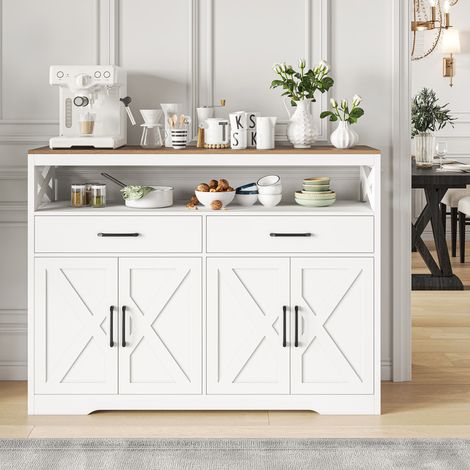 Buffet de Cuisine 100 cm, Armoire de Rangement avec 2 Tiroirs et 2 Portes, Etagères Ouvertes et Plan de Travail,Style Campagnard, Blanc et Bois