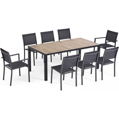 Oviala – Salon de jardin 8 places en aluminium et céramique effet bois – Table rectangulaire 166 cm – Chaises empilables en textilène (1/5)
